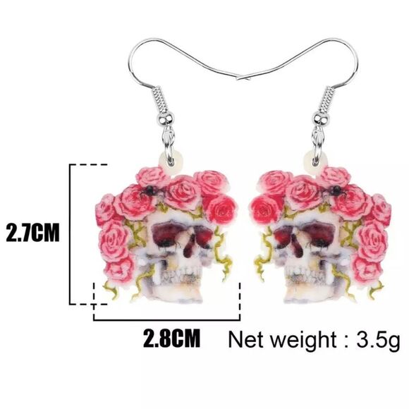 Floral Skull Earring Dia de los Muertos Halloween Pink Lightweight - Picture 5 of 5